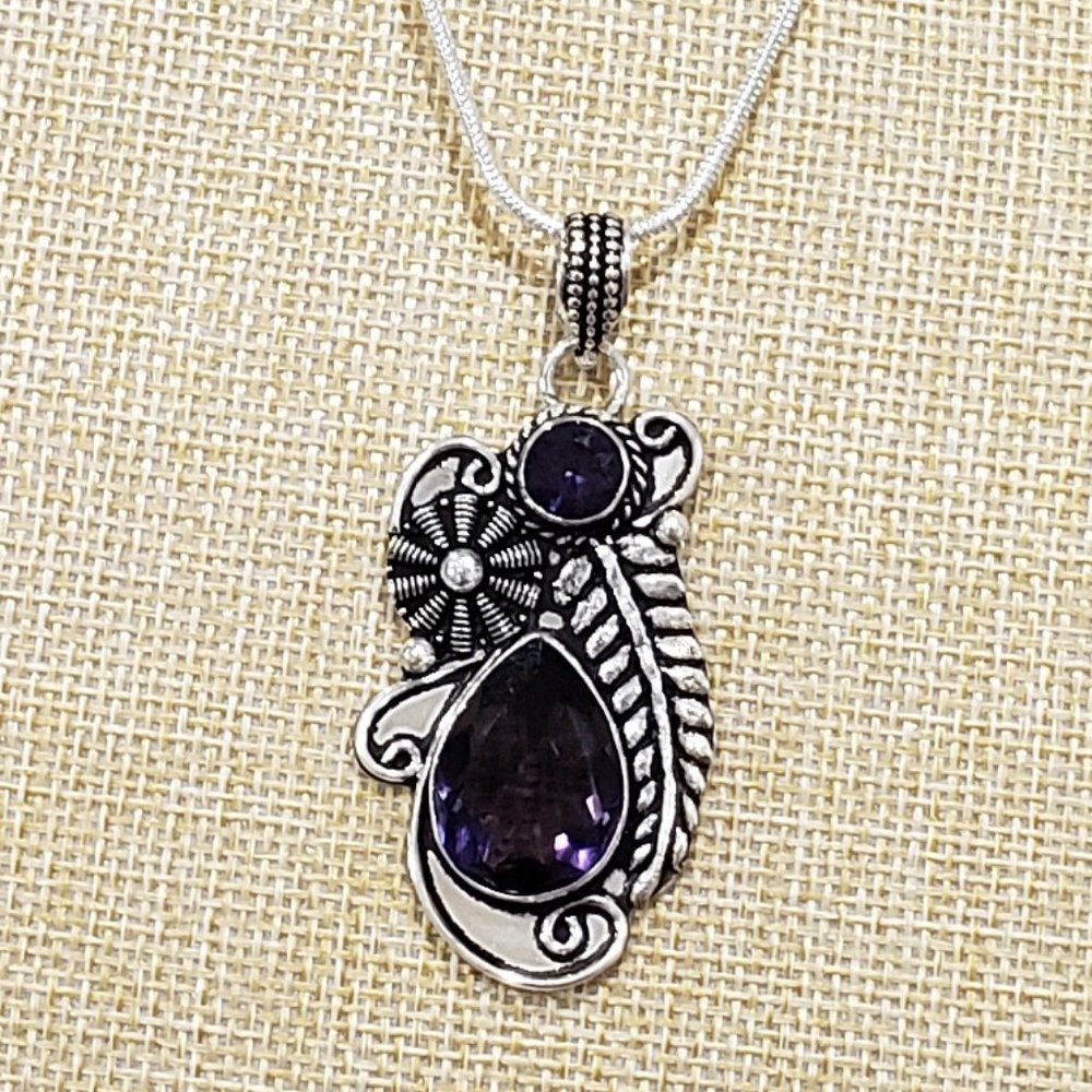 Amethyst necklace, 925 silver amethyst flower feather pendant necklace